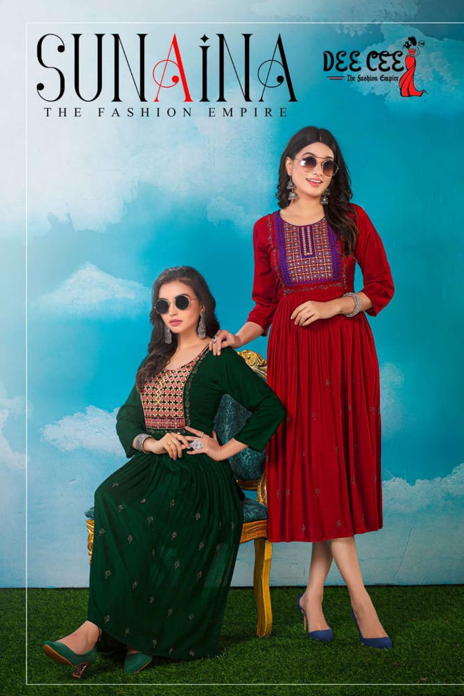 Sunaina By Deecee Rayon Naira Cut Embroidery Kurtis Catalog